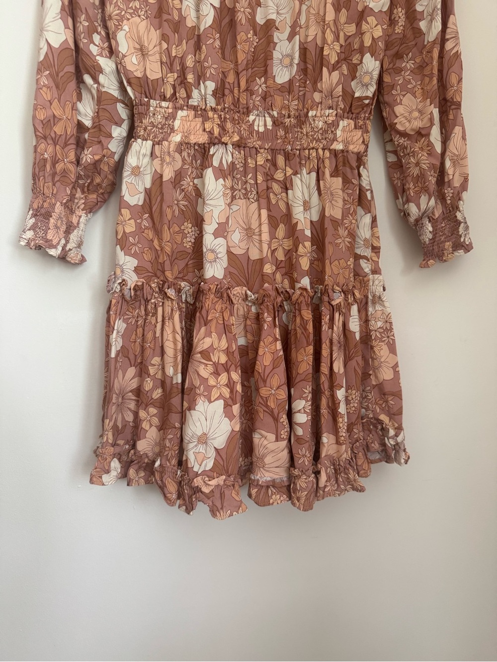 Petal & Pup Kealan Mini Dress Womens Size 0 Brown Floral Smocked Long Sleeve NWT - Picture 7 of 10
